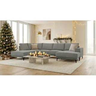 OTTO home Wohnlandschaft »XXL Sofa Oland, Struktur, Flachgewebe, Luxus-Microfaser, Boucle« U-Form, 345 cm, Wellenunterfederung, Skandi-Design, Metallfüße, grau