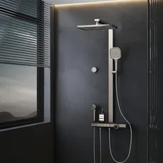 EMKE® Duschsystem Regendusche Anthrazit Matt 40 cm LED-Anzeige Glasablage Duschsystem mit Thermostat, mit 3+1 Elternteil und Kind Handbrause+Übergröße Regendusche +Auslauf, Einfach Install Duschsystem
