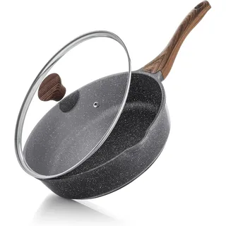 SENSARTE Antihaft Pfanne 26cm, Tiefe Bratpfanne mit Deckel, Schweizer Granitbeschichtung Kochpfanne Gesunde Steinpfanne Kochgeschirr Kochpfanne, Induktion Geeignet
