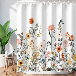 LIVILAN Duschvorhang mit Blumenmuster für Badezimmer, hübscher Stoff, Bunte Wildblumen, Duschvorhang mit 12 Haken, dekorativ, maschinenwaschbar, 183 x 183 cm (B x H)