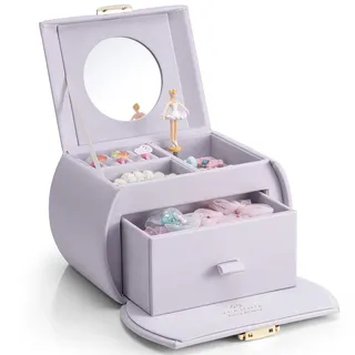 VLANDO Schmuckkästchen Mädchen,Groß Schmuckkasten Kinder mit Ballerina | Spielzeug Geschenk Mädchen mit DIY Aufkleber, Schmuckaufbewahrung mädchen mit Schubladen Spieluhr,Helllila