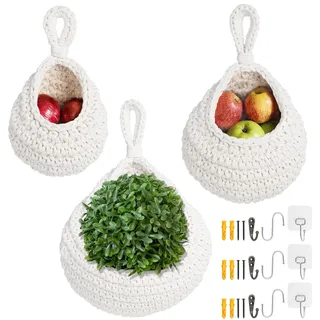 Coptiner 3Pcs Hängende Obstkörbe für die Küche, Hängender Korb Baumwolle Teardrop Hängende Körbe mit drei Arten von Haken, Platzsparende Aufbewahrungs für Gemüse, Zwiebeln, Kartoffeln und Obst (Weiß)