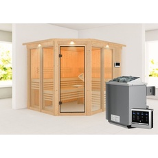 Bild Sauna Ainur 3 mit Eckeinstieg 68 mm inkl. Dachkranz 9 kW Bio-Kombiofen inkl. Steuergerät inkl. 9-teiligem gratis Zubehörpaket (Gesamtwert 271,91€)