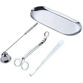 Hsthe Sea 4-teiliges Zubehör-Set für Kerzen, Trimmer für Docht, Dochtlöffel, Kerzenlöscher und Teller für Docht-Ablage (Silber)