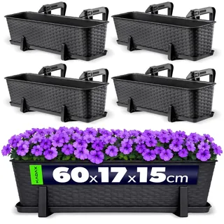 KADAX Blumenkasten 60 cm 4er Set Balkonkasten ca. 48L – Kunststoff Pflanzkasten für Balkon & Garten, Anthrazit, Wetterfest & Stabil, Ideal für Blumen & Kräuter