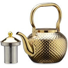 SANQIAHOME 1,5 Liter Edelstahl-Teekanne mit Siebeinsatz, mit Teesiebgriff,Induktionsgeeignet Gold