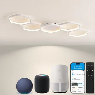 Yuanfenghua Matter Smart LED Deckenleuchte,Deckenleuchten Work with Alexa,HomeKit,Google and IFTTT,48W 3000-6500K Deckenlampe mit Fernbedienung für Schlafzimmer,Wohnzimmer,90cm,Weiß