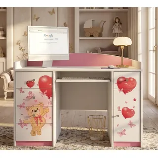 Happy Babies Kinderschreibtisch 125x89x60 Klein Arbeitstisch Büro, Rosa Computertisch mit Tastaturablage Kindermöbel mit Schubladen Kinder, Herzen, - Rosa