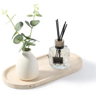 Natürlicher Marmor Tablett, Badezimmer Deko Tablett, Oval Marble Tray Kosmetiktabletts, Travertinstein für Wohnzimmer Schlafzimmer Bad Waschtische und Küchen, Dekotablett für Kerzen, Hellbeige