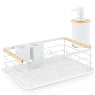 Massido Abtropfgestell Geschirr Geschirrabtropfgestell 43 x 32 x 14 cm Geschirrständer Holzgriffe Besteckhalter Schwarz Grau