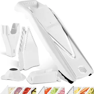 Börner Gemüsehobel V5 (Profi Set) • Verstellbarer V-Hobel 7-teilig mit 10 Schnittarten • Gemüseschneider mit Edelstahl V-Klinge • Küchenhobel inkl. Dockingstation • Farbe: Weiß