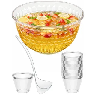 NiHome Bowle Gefäß Set 6,4 L, BPA-frei, mit Schöpfkelle & 25 Bechern | BPA-Freier Kunststoff, 3D-Diamantschliff-Design, Bruchsicher & Stapelbar – Ideal für Hochzeit, Geburtstag & Grillfeste
