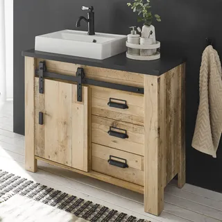 Badezimmer Unterschrank inkl. Waschbecken SHELTON-61 in Old Style hell Nb. mit anthrazit, B/H/T: ca. 95/91/43 cm - Braun