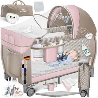 Kidiz® Babybett Reisebett Kinderreisebett klappbar mit Matratze & Räder 120x60, Seiteneingang, Wickelauflage, Moskitonetz & Tragetasche Baby Beistellbett Kinderbett ab Geburt bis 15 kg Rosa Beige