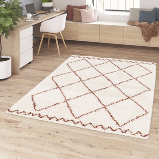 BALTA Berberteppich, Shaggy Wohnzimmer Teppich im geometrischen Stil, Teppich 120x170 cm, Weich und bequem, Pflegeleicht, 100% Polypropylen 30 mm dick, 120 x 170 cm, Terracotta - Weiß