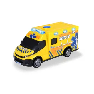 DICKIE Toys – Iveco Daily Ambulance 18 cm, Krankenwagen Spielzeug für Kinder ab 3 Jahren, Freilauf Rettungswagen mit Licht & Sound, Hecktür zum Öffnen mit Trage, 1:32 Spielzeugauto, weiß