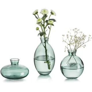 Kleine Vasen Für Tischdeko Vintage Handmade, 3 Teilig Mini Vase Glas Grün Blumenvase Modern Set Verschiedene Groessen Schlanke Hydroponic Glasvase Fuer Blumen Deko Hochzeit Tisch Wohnzimmer Couchtisch