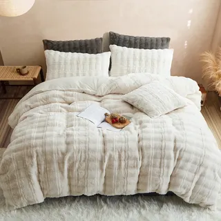 Freyamy Plüsch Bettwäsche-Set 135x200 2tlg Fleece Cremefarben,Kuschelig Warm Bettwäsche Winter Kunstfell Teddy Flauschig Flanell Wendebettwäsche Mädchen Bettbezug mit Reißverschluss und 1 Kissenbezug