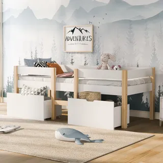 Merax Holzbett Einzelbett | Kinderbett | 90 x 200 cm | mit Schublade | Massivholz | Bettgestell | Lattenrost | Stauraumbett | Absturzsicherung | Kieferbett | Weiß & Eiche