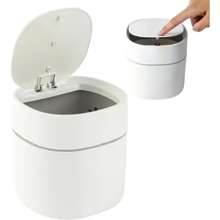 Bamodi Mini Mülltonnen 2L – Weißer Tischmülleimer mit Deckel für Snacks, Kosmetik, Küchenabfälle – Kleiner Abfalleimer für Büro, Auto, Bad, Schminktisch – Platzsparend & leicht zu reinigen