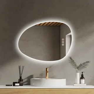 EMKE Badezimmerspiegel mit Beleuchtung Asymmetrischer LED Spiegel 75 x 55 cm Touch-Schalter, 3 Lichtfarben Dimmbar, Beschlagfrei Badspiegel mit Beleuchtung IP44 Energiesparend