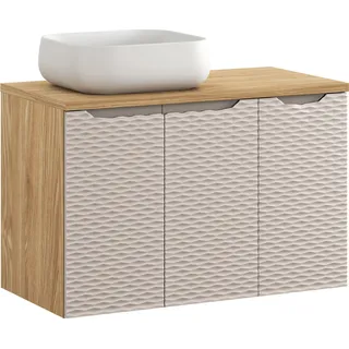 Badezimmerschrank 90 cm mit Aufsatzwaschtisch - Eiche geölt und beige 3D