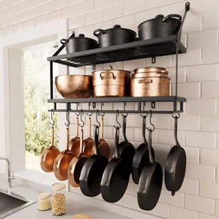 KES Doppel Küchenregal Pfannenhalter Küchenutensilienhalter Küche Pfannenhalter mit 12 Haken Hängeregal Pfanne Topf Wandregal 75CM Wandmontage Matt Schwarz, KUR215S75B-BK