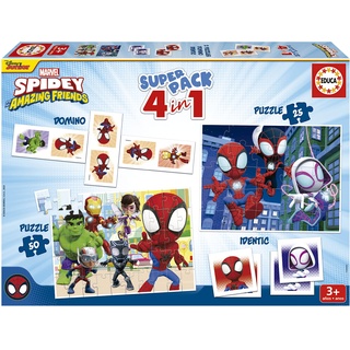 Educa - Spidey und seine Super-Freunde Superpack 4in1, inkl. Domino, Memo Spiel und 2 Puzzles, für Kinder ab 3 Jahren, Marvel (19682)