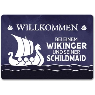 speecheese Willkommen bei einem Wikinger und Seiner Schildmaid Fußmatte in 35x50 cm ohne Rand mit Segelboot Motiv Als Geschenk zur Hochzeit für Paare Nordmänner Vikings