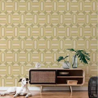 A.S. Création Grafik-Vliestapete – Grün, Creme – Vintage – 0,53 x 8,5 m | Nostalgische Grafik-Optik als Retro-Akzent – matte Strukturtapete, einfach zu verkleben & spurlos abziehbar