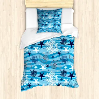 ABAKUHAUS Unterwasser- Bettbezug Set für Einzelbetten, Seashells Marine Meer, Milbensicher Allergiker geeignet mit Kissenbezug, Blau Weiss - Blau