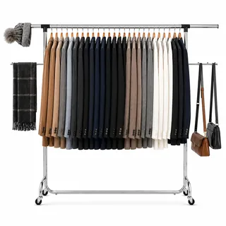 Tatkraft Falcon Kleiderständer auf Rollen, Verstellbare, Verchromt Stahl | Kleiderständer Stabil, bis 80 kg, Kleiderstange verstellbare 138 -188 X 49,5 X 106-179 cm, Garderobenständer, Groß