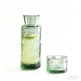 Peelanmall Wasserkaraffe Set mit Becher, 630ml Glas Nachttisch Karaffe, Grün, Art Deco Muster, Bleifrei, 21.6oz Krug mit 6oz Glas (Grün)
