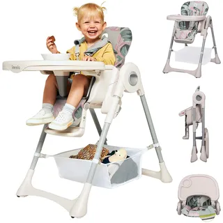 lionelo Zanna Hochstuhl für Kinder, Baby, Kinderstuhl, Babystuhl, Fütterungsstuhl, klappbar mit Rädern, Großes Tablett, Einstellung des Tabletts und der Fußstütze von 6 bis 36 Monaten, zu 15kg (Rosa)