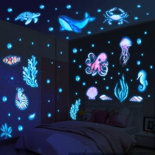 Yosemy Wandsticker Leuchtaufkleber Wandtattoo Leuchtend Ozean Meerestiere Fluoreszierend Wandaufkleber Aufkleber Unterwasserwelt Für Kinderzimmer Dekorative Aufkleber Wanddeko Blau