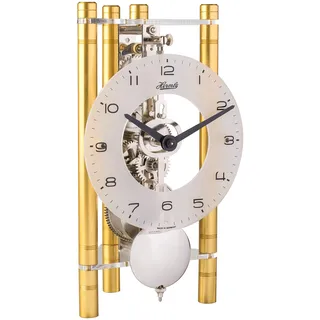 Hermle Skelett-Tischuhr mit eloxierten Aluminiumsäulen - Dreieck 23025-500721, arabisches Zifferblatt Glas, Gold, Werk vernickelt, 19,5cm x 11cm x 9cm