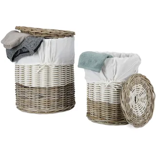 Relaxdays Wäschekorb Rattan, rund, 2er Set, Flechtoptik, abnehmbarer Deckel, weißer Stoffeinsatz, 30 & 60 L, natur/weiß