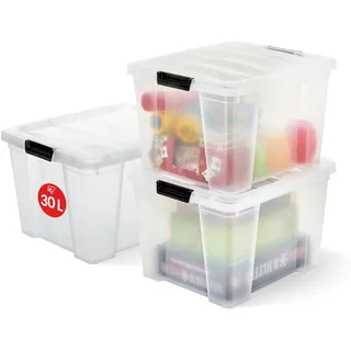Iris Ohyama Aufbewahrungsboxen mit Deckel, 30L, 3er-Set, Transparent, Sicherer Verschluss, Stapelbar, Griffe, Schlafzimmer, Schrank, Büro, Organisation, BPA-freies Plastik, Ordnungsboxen, HB-30