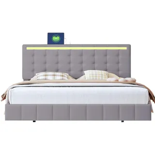 Flieks Polsterbett 160x200 LED Kopfteil Leinen Stoff Grau , Holzwerkstoff , 160x200 cm , Schlafzimmer, Betten