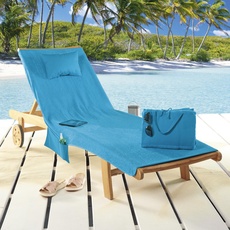 Delindo Lifestyle Frottee Strandliegenauflage Miami türkis mit Taschen und Kissen, Bezug für Gartenliege, faltbar aus 100% Baumwolle, 80x180 cm