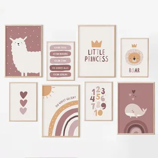MeinBaby123® Poster Kinderzimmer | 8er Set DIN A4 & DIN A5 Poster Set | Wandbilder | Deko Bilder Kinderzimmer | Boho | Babyzimmer Deko | Wandposter Premium (Alpaka & Freunde rosa 8er Set)