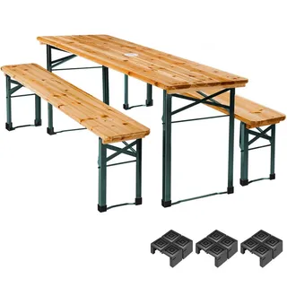 tectake Bierzeltgarnitur Ludwig 3-tlg. klappbar mit Schirmhalterung, 170 x 46 x 78 cm, wasserabweisend, braun, stabiler Stahl , Braun , Metall , Rechteckig , Gartenmöbel, Gartengarnituren, Gartenmöbel-Sets