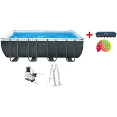 Intex Rechteckpool »»Framepool«975x488x132 cm«, (Set), inkl. ZX300 DELUXE Poolreiniger & Luftmatratze Rainbow Seashell Float, grau