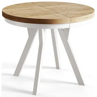 Esstisch Rund Evo, Moderner Esstich Ausziehbar, Tisch mit Solide Beine, Stabile Konstruktion, Durchmesser: 80 cm-130 cm, Craft - Naturbelassen, Weiß