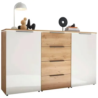Dieter Knoll Sideboard , Weiß, Eiche Bianco , Glas, Holzwerkstoff , 2 Fächer , 4 Schublade(n) Schubladen , 180x104x43 cm , Made in Germany, DIN EN ISO 9001 , erweiterbar, individuell planbar, stehend, in verschiedenen Größen erhältlich, Beleuchtung, in verschiedenen Holzdekoren erhältlich , Kleinmöbel, Kommoden, Sideboards