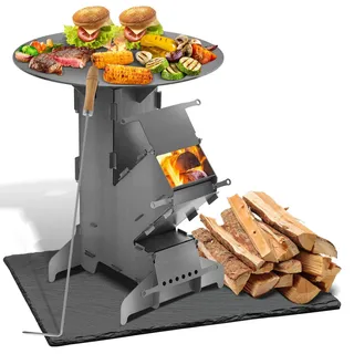 Vigevee Raketenofen Outdoor Grillofen, Steckbarer Campingkocher aus Kohlenstoffstahl mit Grillplatte 50 cm und Feuerhaken für Garten Camping - Grau