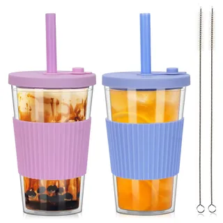 ZgoEC 500ml Bubble Tea Becher mit Strohhalm, 2er Set Mehrweg Plastikbecher Smoothie Becher, Doppelwandig Isoliert Trinkbecher mit Deckel und Strohhalm, Auslaufsicher Tumbler Cup für Tee Eiskaffee