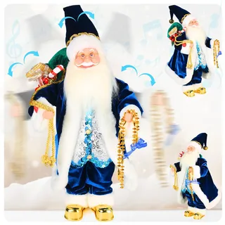 Gfilay 45 cm Tanzender Weihnachtsmann mit Musik und Bewegung | Animierte Weihnachtsmann Figur im blauen Samtmantel mit 6 klassischen Weihnachtsliedern, goldenen Details