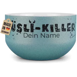 Print Royal PR Glitzer Müslischale mit Name selbst gestalten - Müsli Killer - Personalisiertes Geschenk für Familie und Freunde - Keramik Schüssel, Blau 500 ml