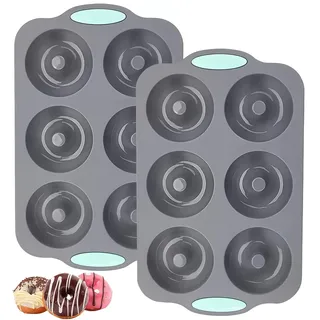 Techchii Donut Backform aus Silikon, 2 Stück Donuts Backform mit 6 Mulden Antihaft Donutform für Zuckerfreie Donuts Bagel Backen, BPA-frei (28.5x17.8x2.5cm, Grau)